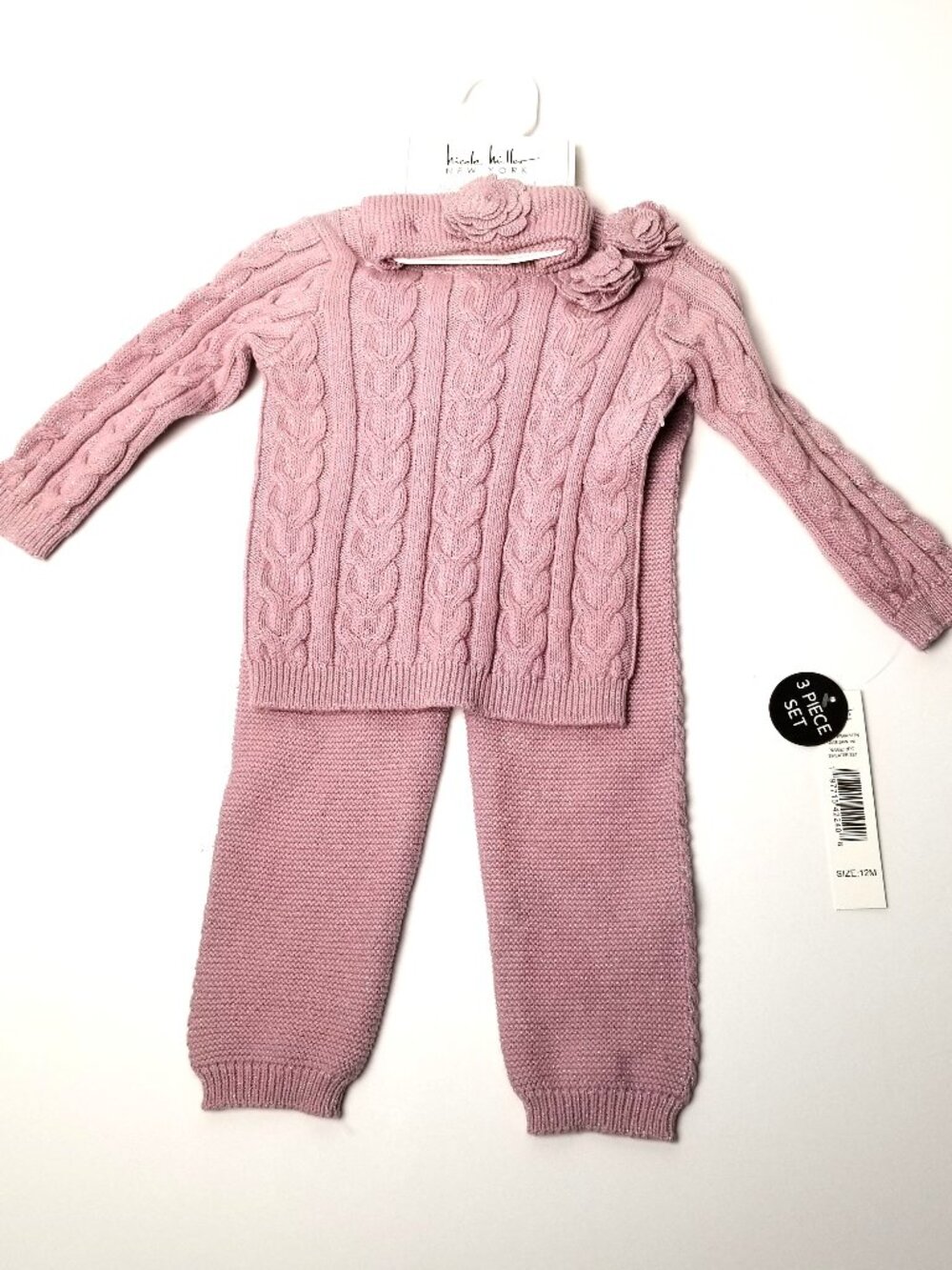Nicole Miller Baby Girls Sweater Set 12M Pink Cable Knit Floral 3 Piece NWT